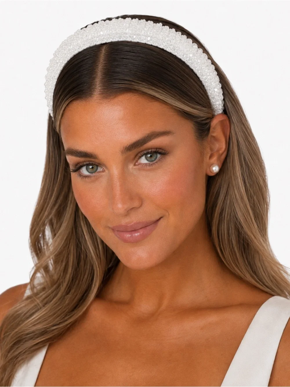 White Faceted Beaded Padded Headband Bridal Coquette Wedding Hair Accessory